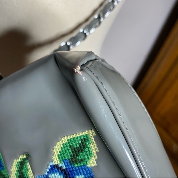 Sharif Patent Leather Gray Blue Embroidered Flower Crossbody Purse - Picture 5 of 9